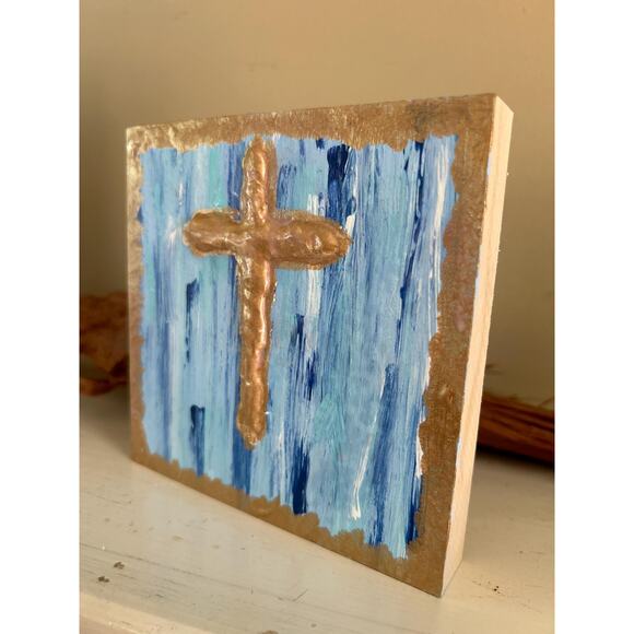 SALE Gold Cross Wood Painting Hand Painted Puffy Wall Art 5 x 5 Block White Blue - Picture 5 of 9